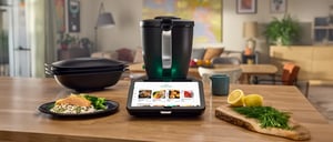 Primo piano di una tavola in legno con alimenti e ingredienti sani in linea con la filosofia del mindful eating.